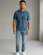 Hombre con polo de punto azul de manga corta José Beltrán