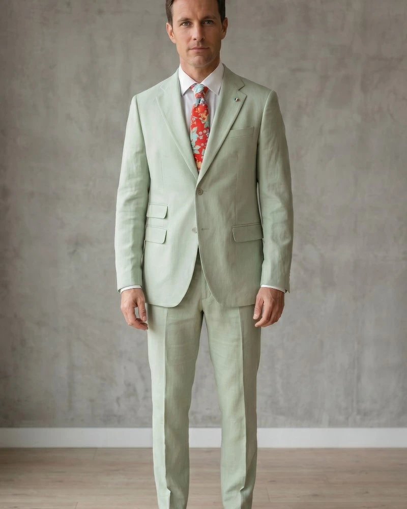 Traje hombre verde agua algodón lino y Tencel