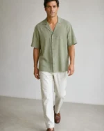 Camisa lino verde de manga corta para hombre
