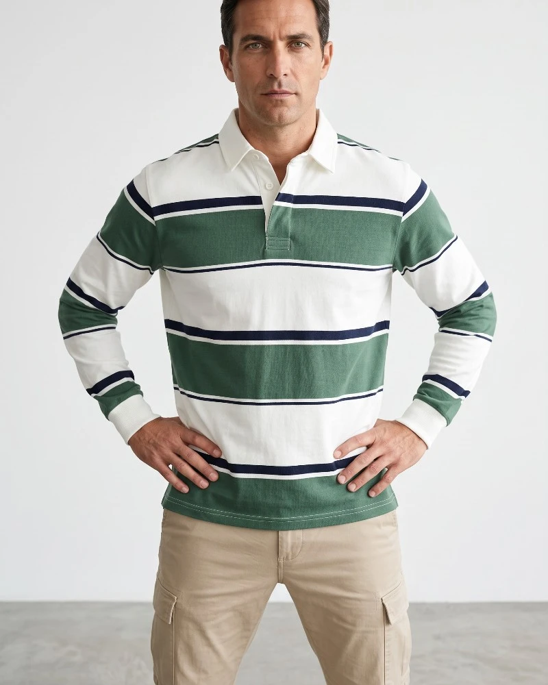 Polo de rayas verdes, blancas y azul marino Boston para hombre puesto