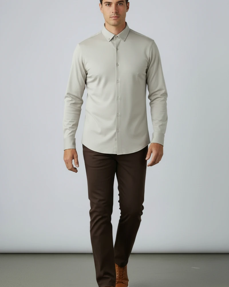 TRM70046BE Camisa beige estructura elástica para hombre